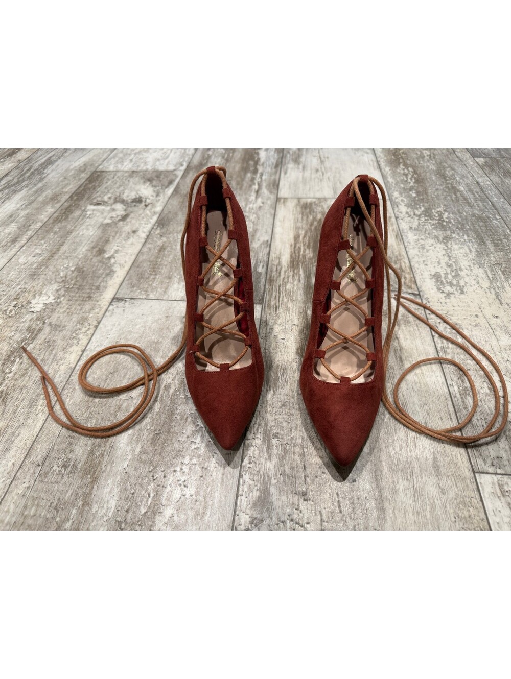 ShoeDazzle Rust Lace Up Pointed Toe Heels Pumps